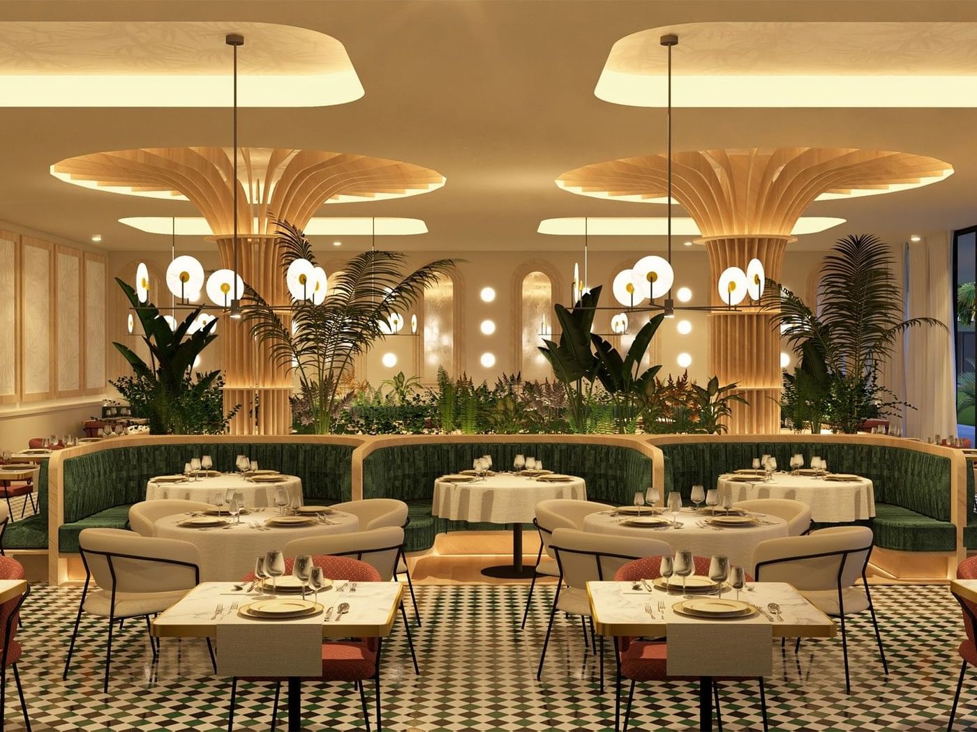 Restaurante elegante Olivetta en Fiesta Americana Funeeq Punta Cana con cabinas verdes y mesas circulares bajo luz cálida