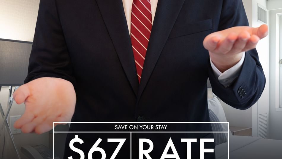 Businessman with hands open displaying a $67 rate offer for January and February 2026 with restrictions.