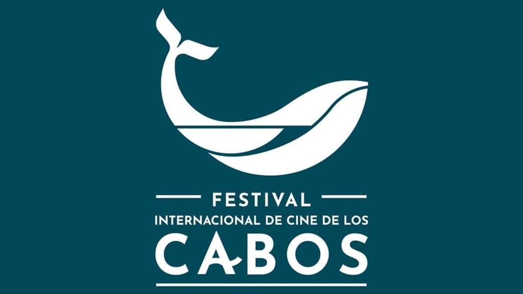 Logo del Festival Internacional de Cine de Los Cabos con silueta de ballena blanca sobre fondo azul petróleo
