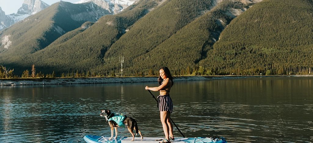 A person and a dog on a paddleboard on a lake during a day trip from Canmore.