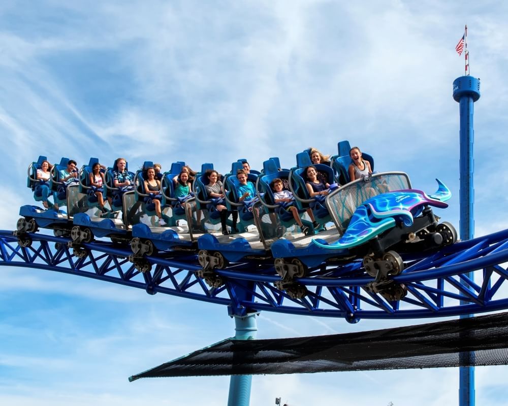 A close-up of a longer coaster car gliding down a purple track against a clear blue sky.