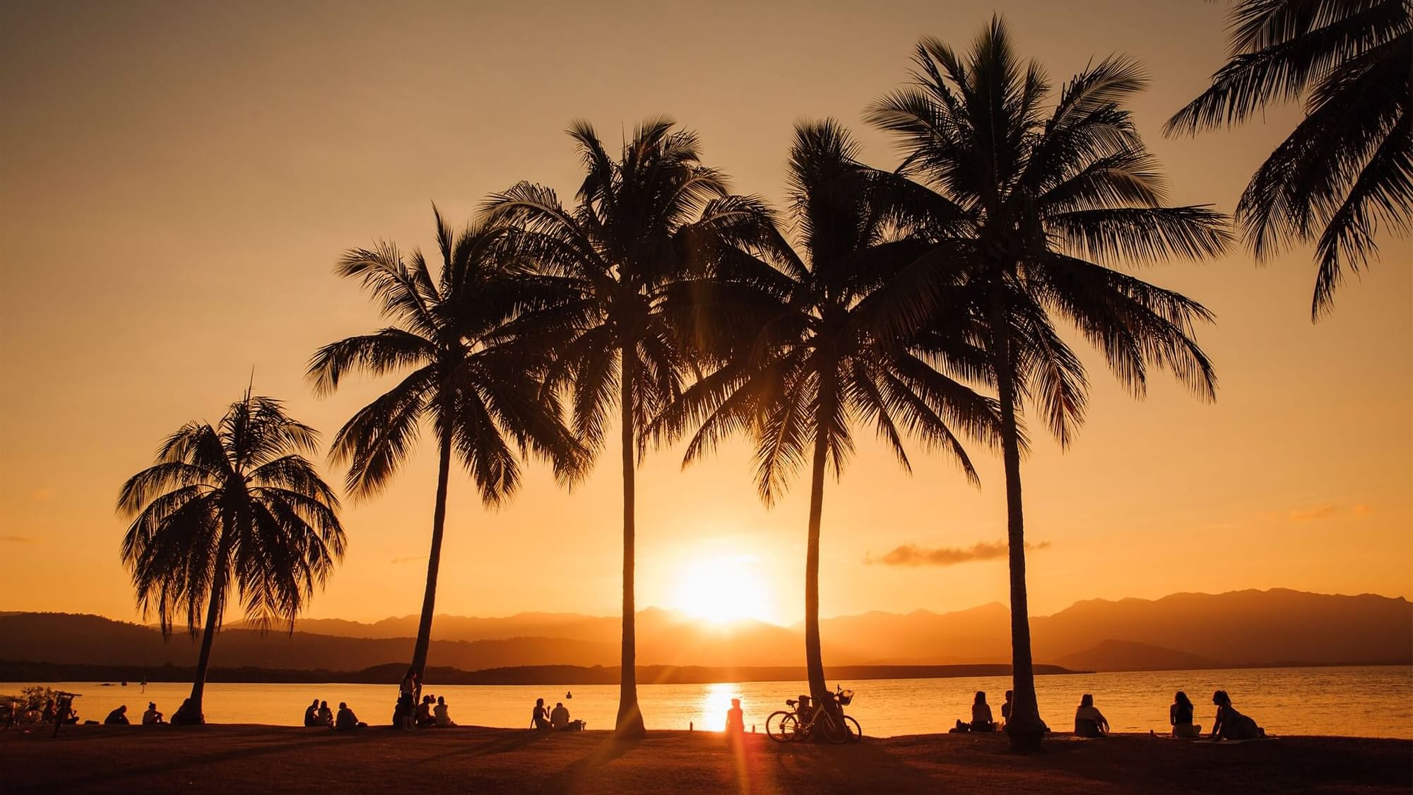 Distant evening view of Rex Smeal Park with people by sea near Pullman Port Douglas