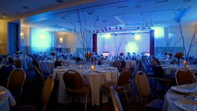 tables and chairs in a convention center