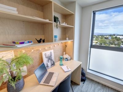 Light-filled workspace with plywood desk, laptop, shelving, and large window overlooking suburban neighborhood at Tupuārangi