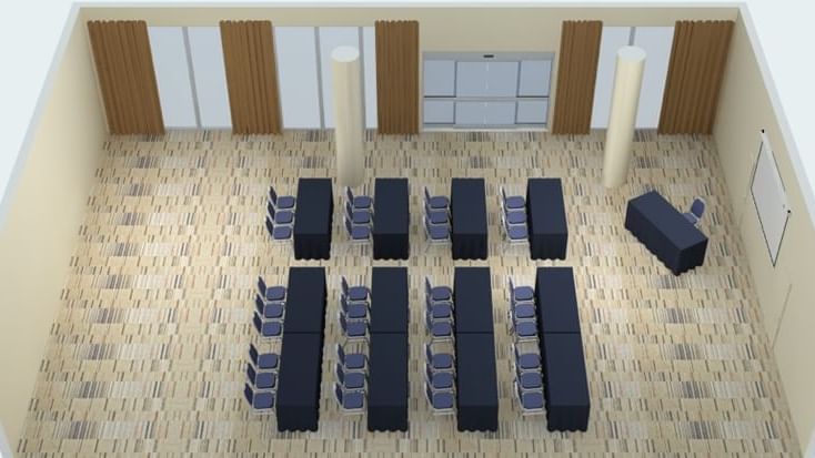 Illustration of Parklands Room with classroom set-up and patterned floor at Novotel Sydney Olympic Park