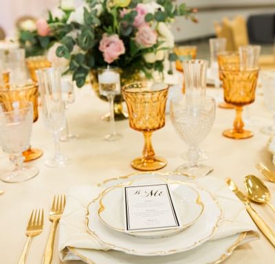 Closeup on a banquet table with dining set up at Anaheim Hotel