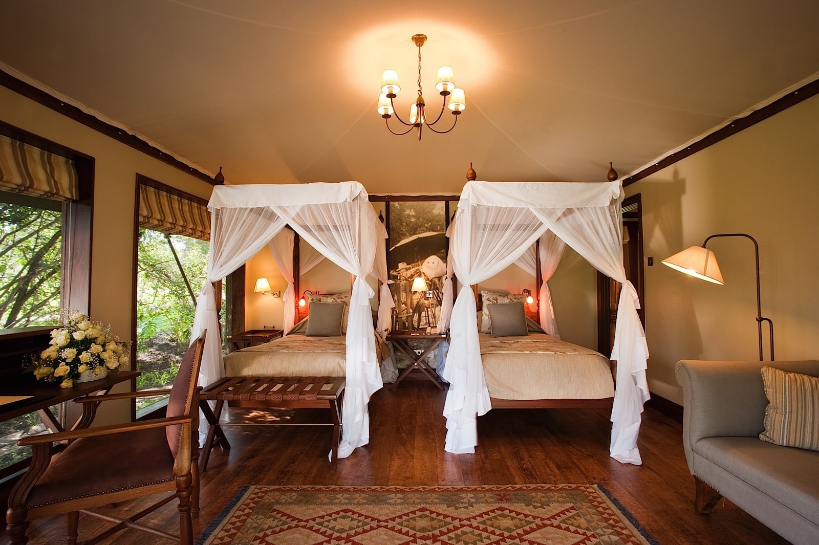 Twin beds in deluxe twin tents at Hotel Lake Elmenteita