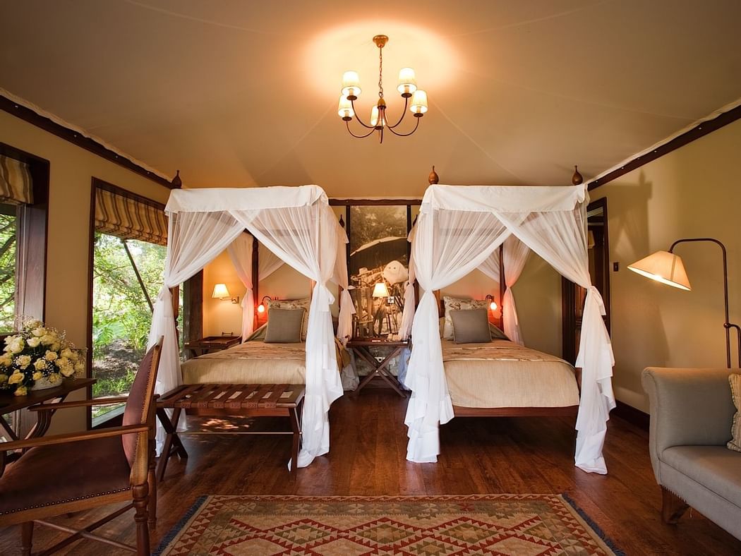 Twin beds in deluxe twin tents at Hotel Lake Elmenteita