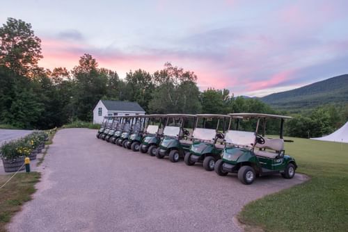 A line full of golf carts parked at  Eagle Mountain House