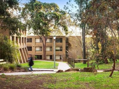 Student walking toward La Trobe University - Chisholm College building in a lush green park.