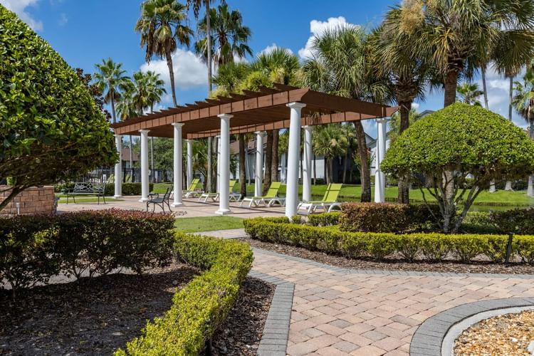 Shaded pergola with white columns and lounge chairs surrounded by palm trees manicured landscaping at Legacy Vacation Resorts