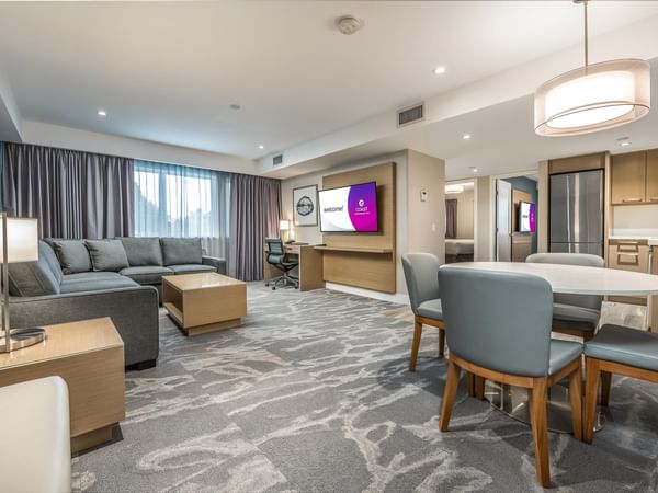 View of the spacious living room and dining area
