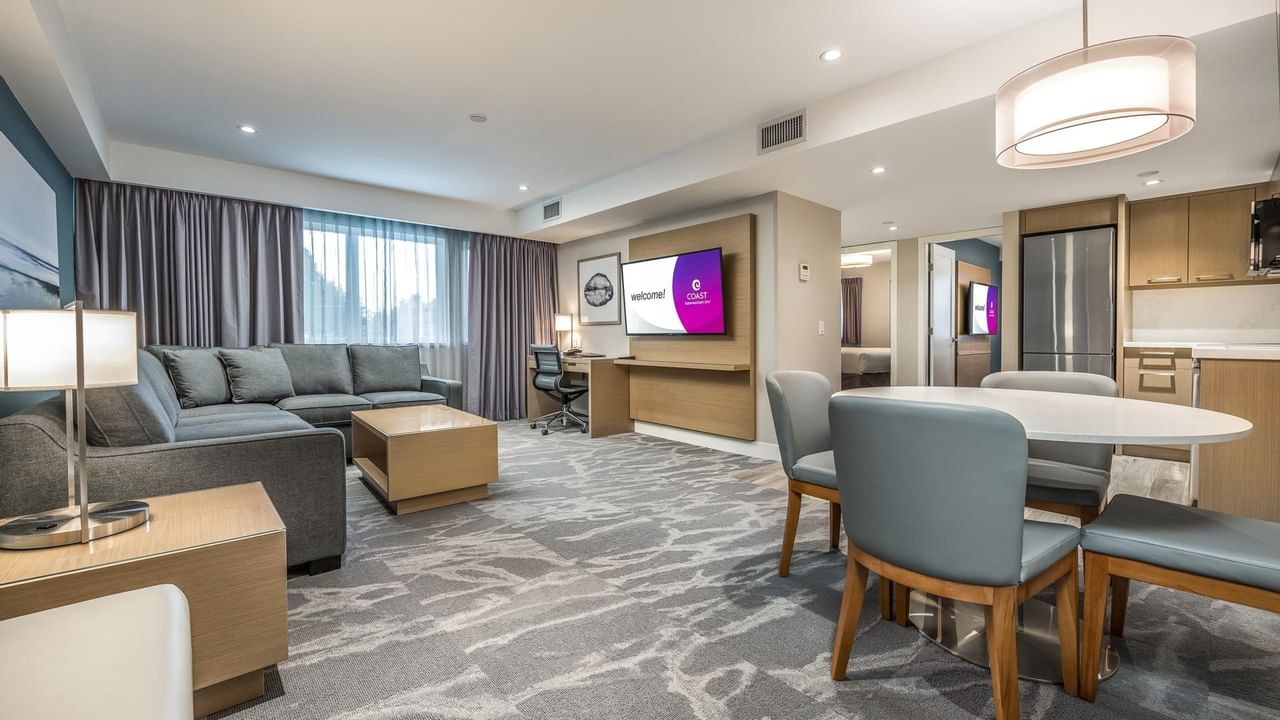 View of the spacious living room and dining area