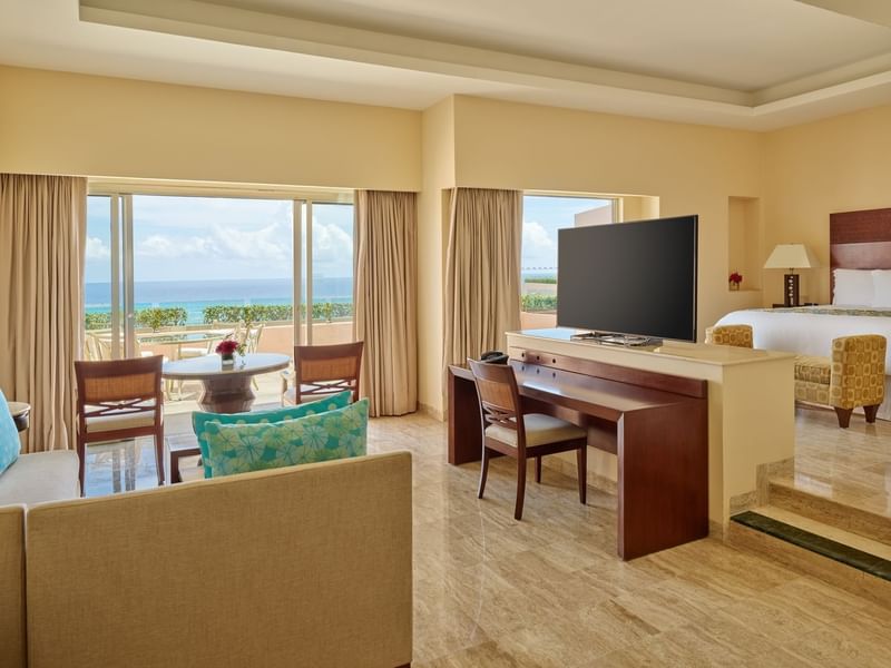 Exquisite room interior with sea view at Grand Fiesta Americana