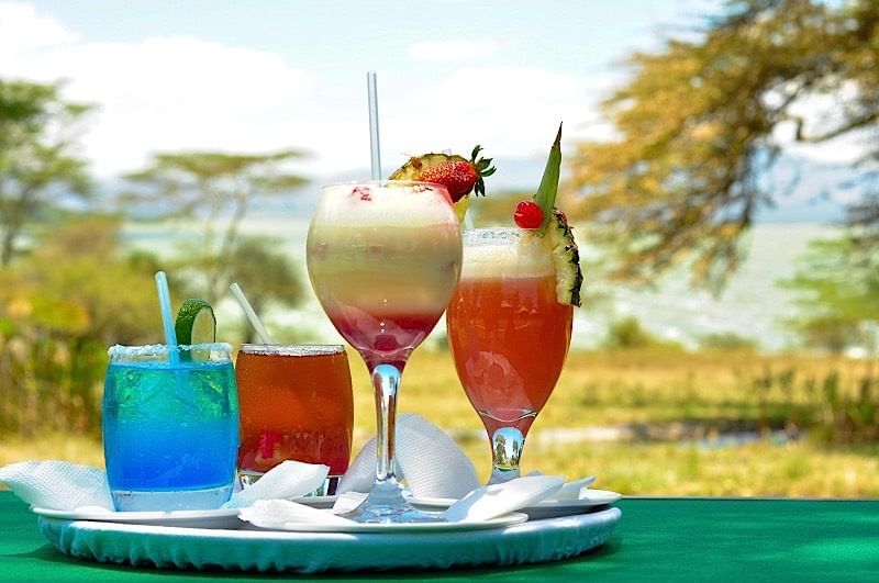 4 types of drinks on a tray presented at Hotel Lake Elmenteita