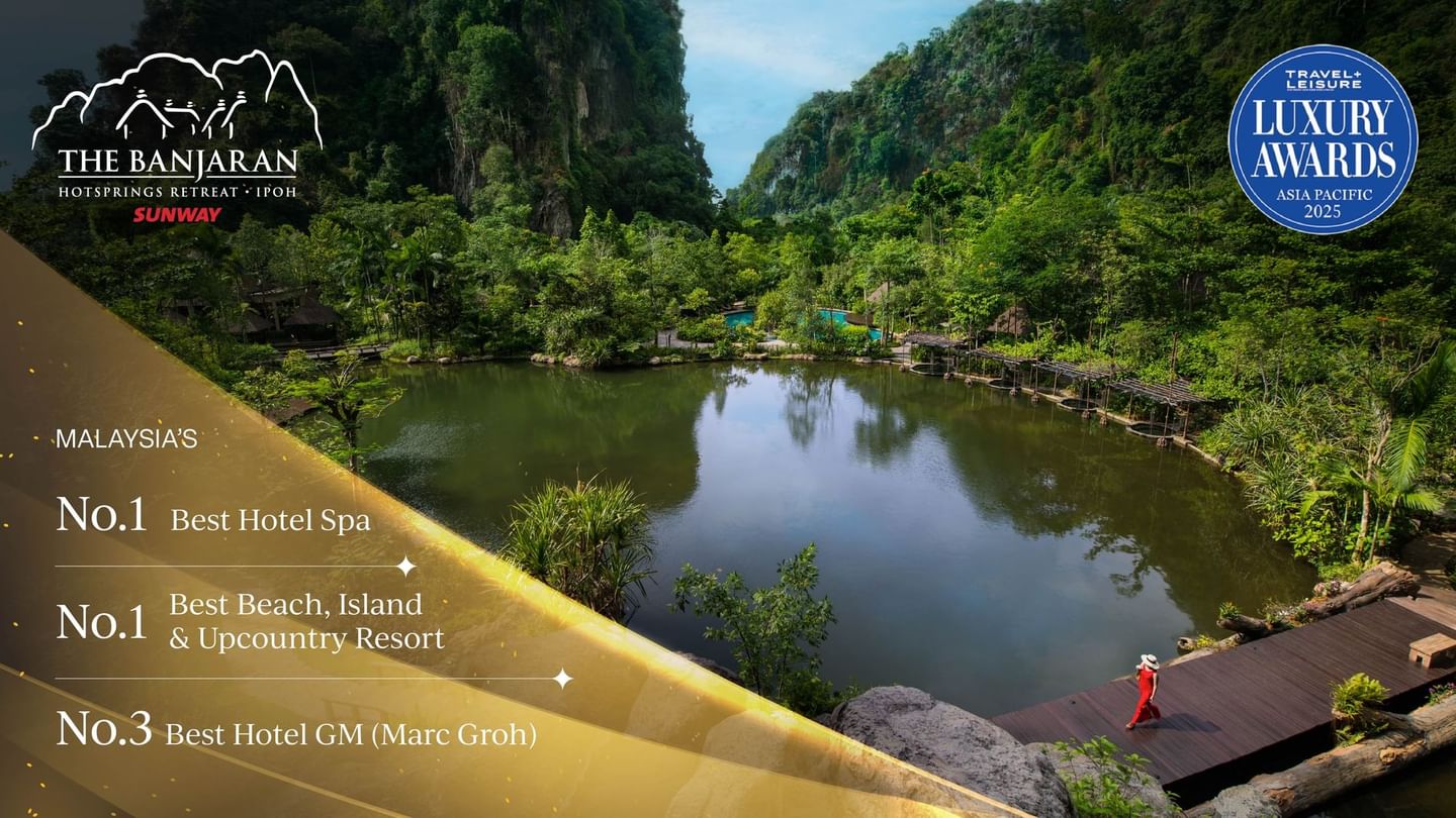 Travel + leisure 2024 awards winner poster with The Banjaran Hotsprings Retreat lake backdrop