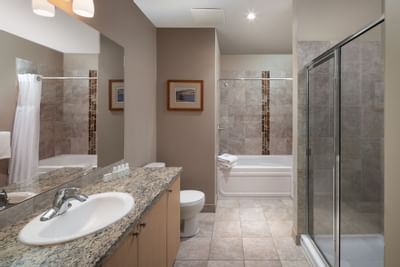 Modern bathroom with large mirror, sink, toilet, and glass-doored shower leading to a bathtub area.