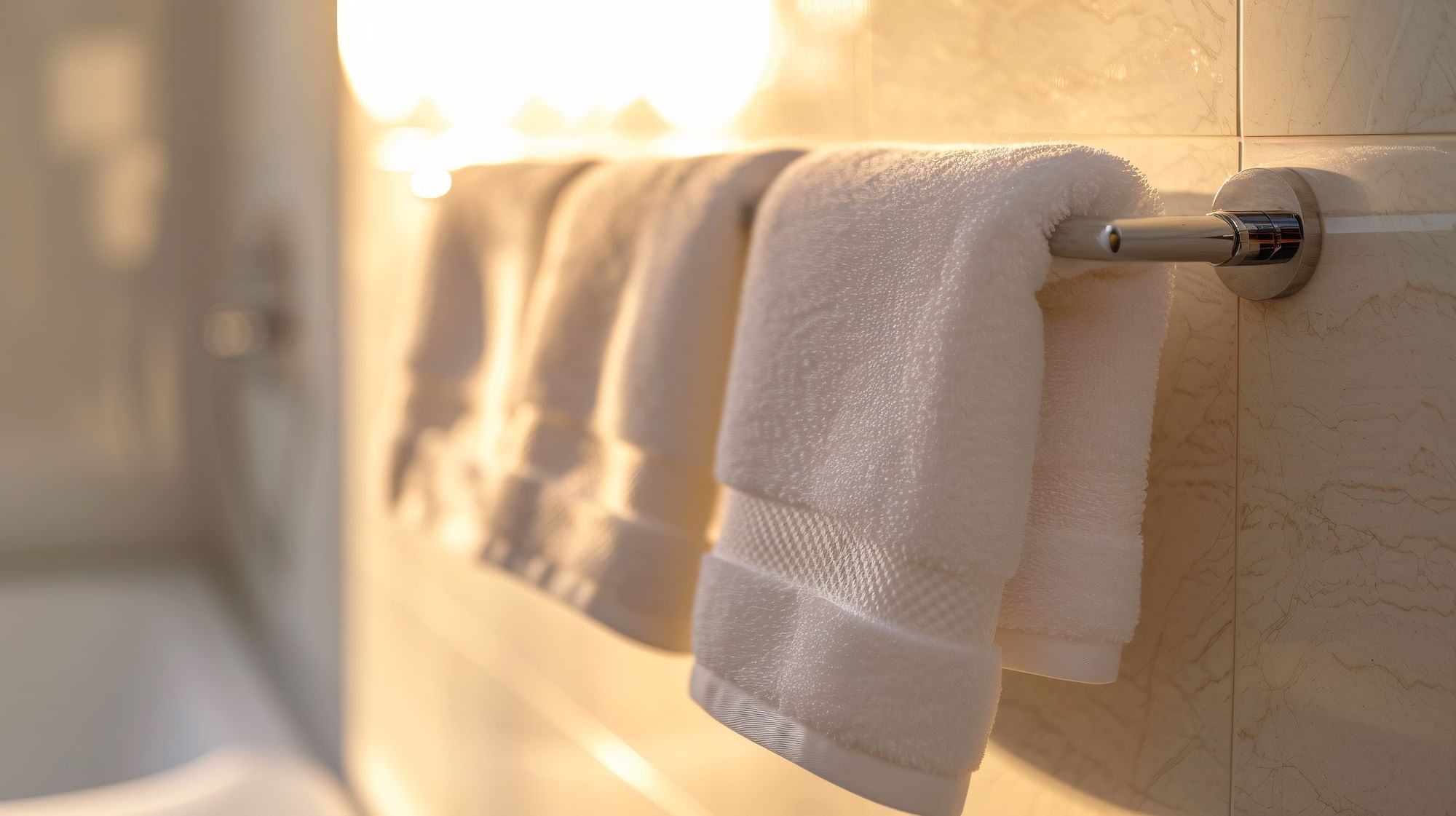 White towels hanging on a rack in a sunlit bathroom at Warwick Hotels and Resorts