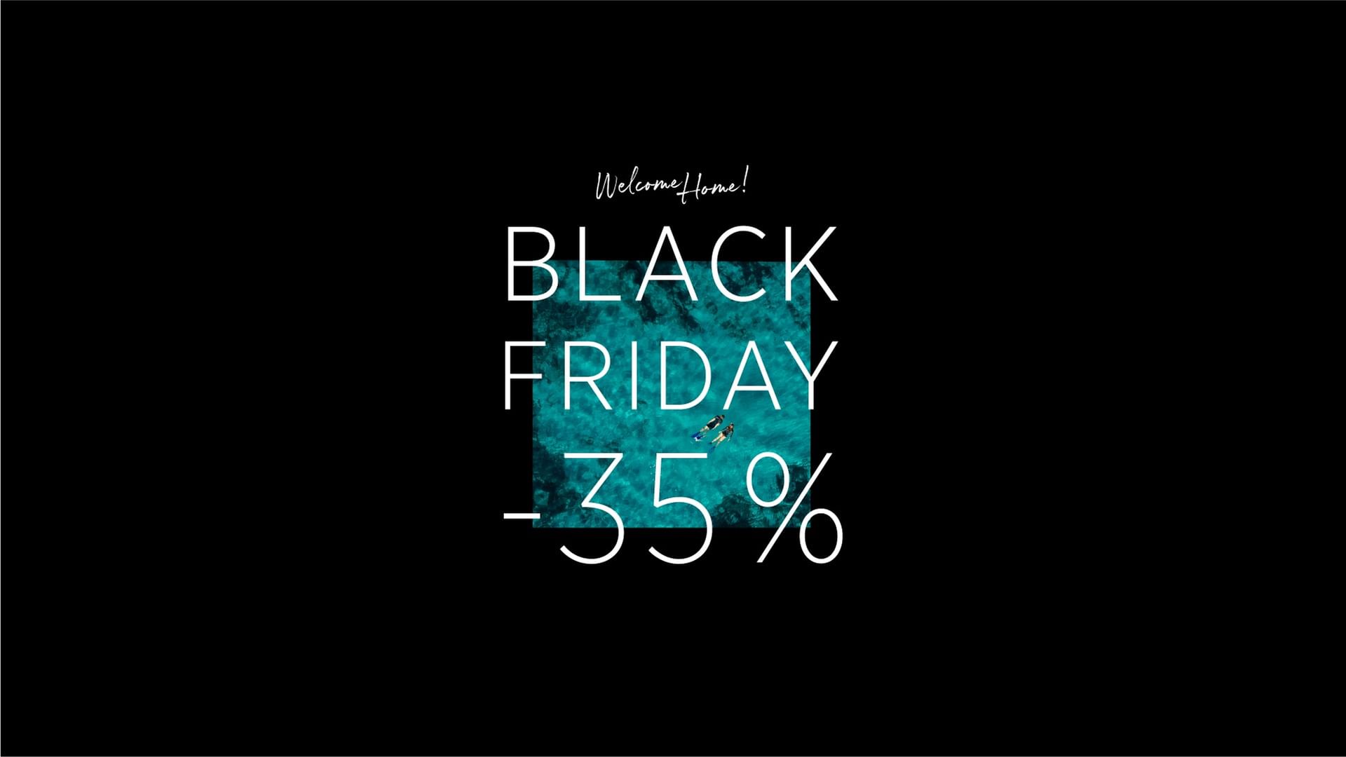 Black Friday sale poster with 35% off, featuring two people swimming in turquoise water.