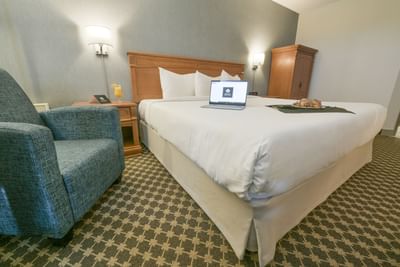 Laptop and breakfast tray on king bed.