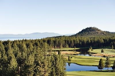 Scenic view of lush green golf course, pine trees, ponds, and Lake Tahoe under a clear sky near Americana Village Suites