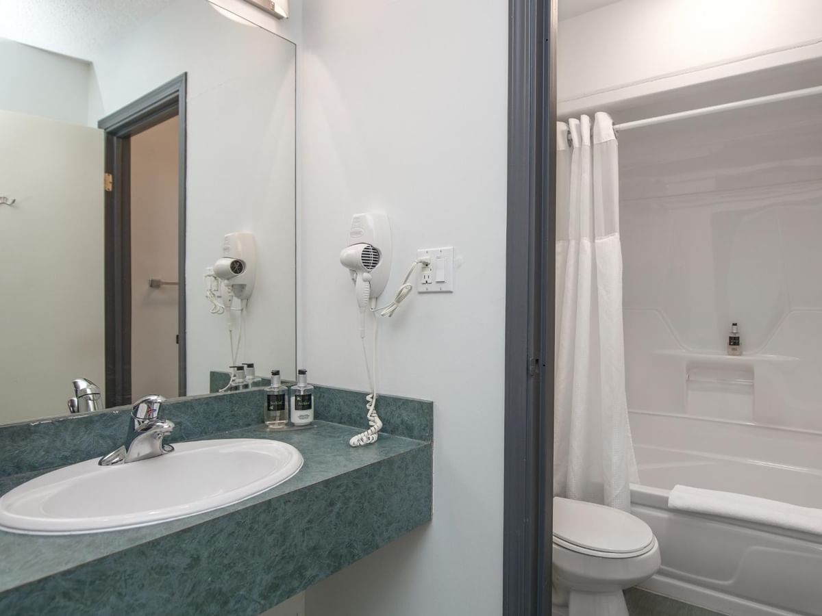 Bathroom with sink, mirror, toilet, and shower stall with white bathtub and curtain.
