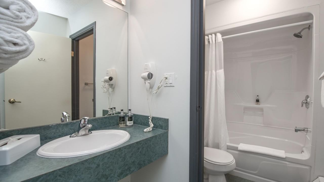 Bathroom with sink, mirror, toilet, and shower stall with white bathtub and curtain.