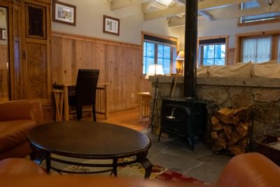 Close up on the fireplace in lounge at Sleeping Lady Mountain