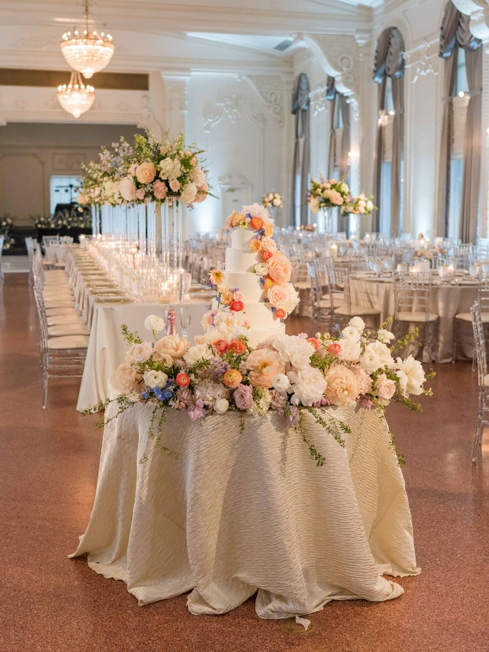 Wedding cake with arranged table set-up at The Mayo Hotel