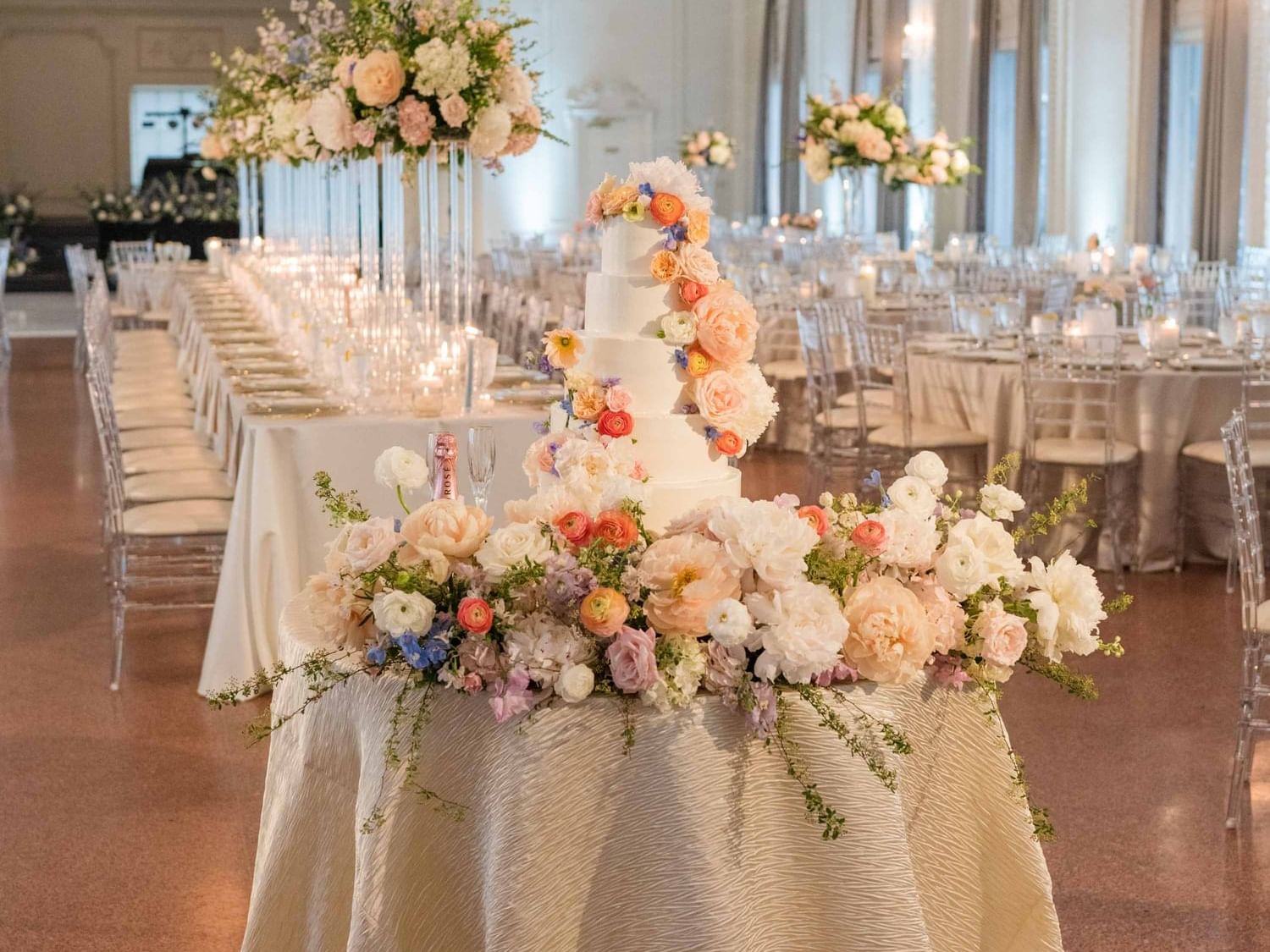 Wedding cake with arranged table set-up at The Mayo Hotel