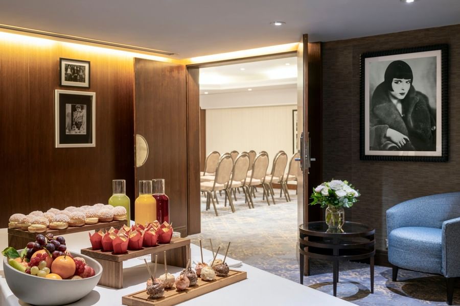 Refreshment table with fruit, pastries, and juices at Restaurant, Bar & Terrace Le W, the best Restaurant in Paris