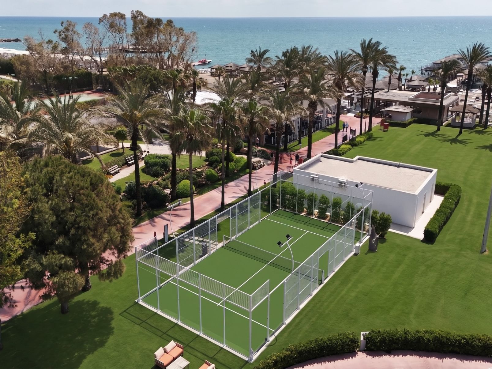 Aerial view of the padel court and surrounding area at Titanic Deluxe Lara complex.