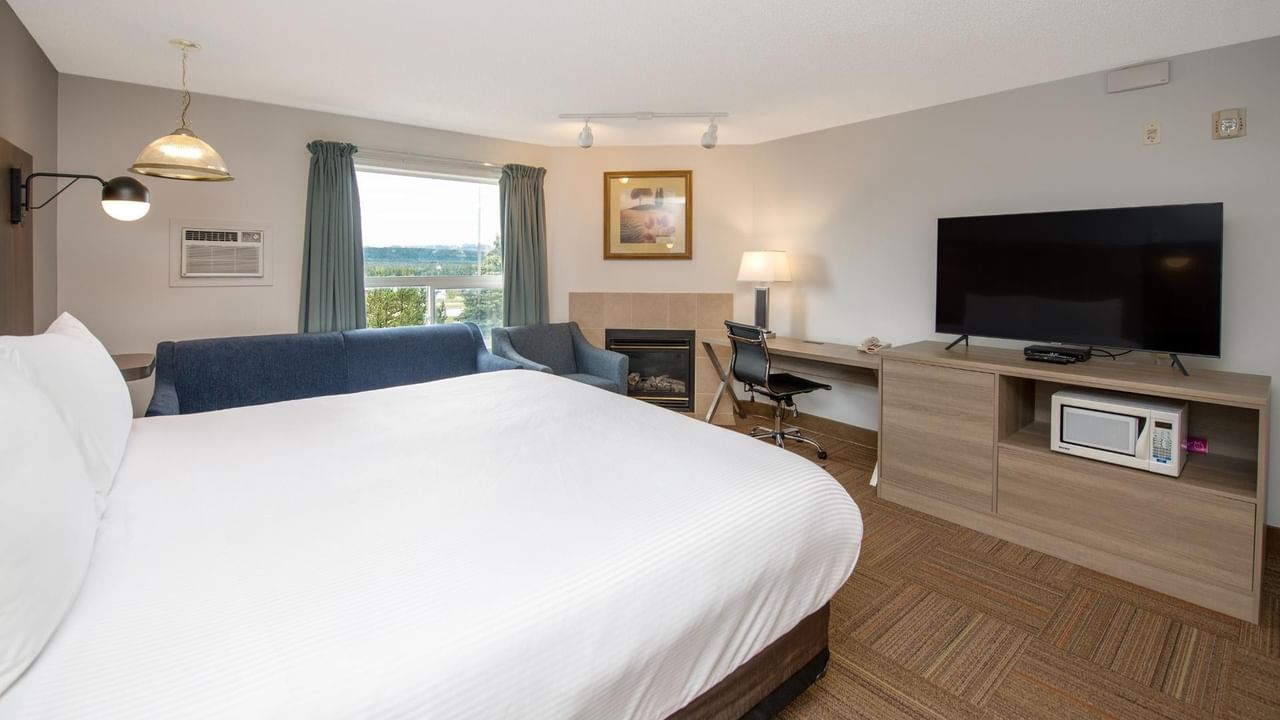 Hotel room with bed, couch, desk, TV, microwave, and window with curtains.
