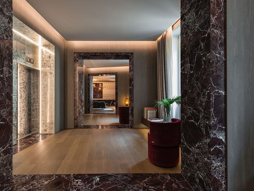 Hallway in the hotel lobby area at Fendi Private Suites Hotel