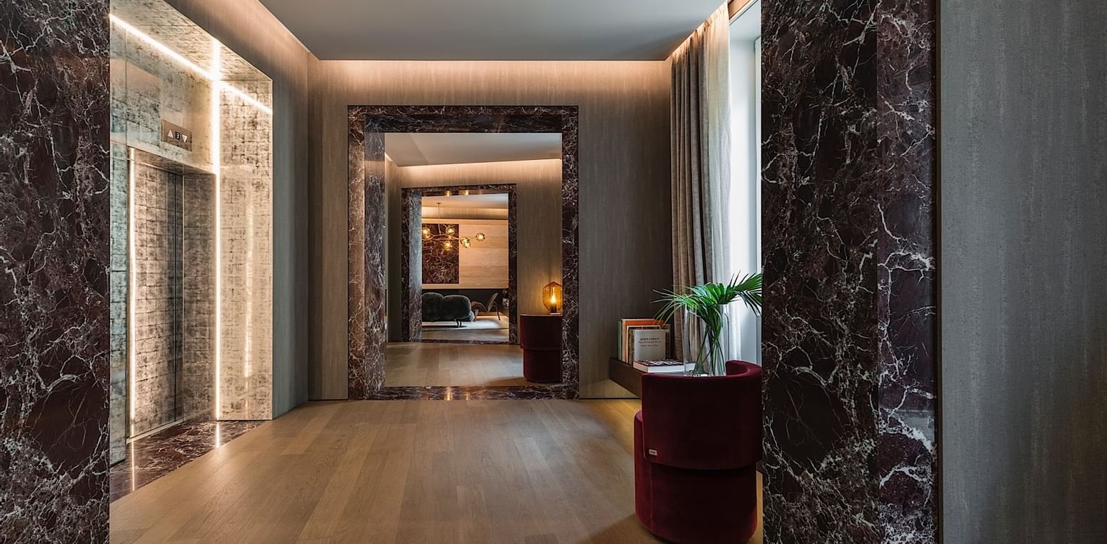 Hallway in the hotel lobby area at Fendi Private Suites Hotel