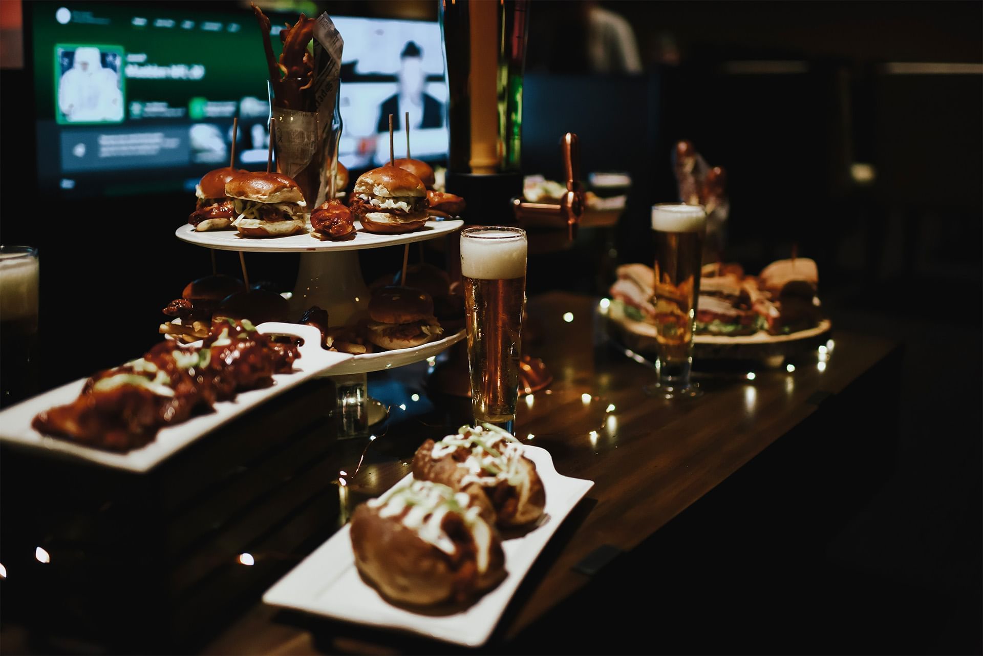 Close-up of foods and drinks served on a table at The Brook