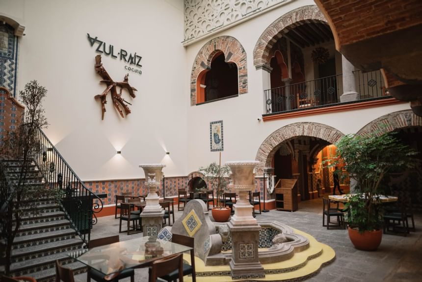 Interior of the Lobby area at Casa Azulejos Puebla Hotel