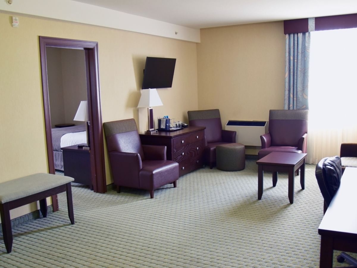 Hotel room with bed, desk, chairs, TV, and window with curtains.