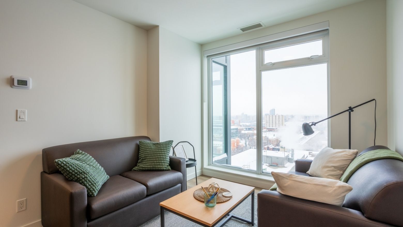 Two couches sit in a modern and well decorated sitting area with views to snowy cityscape below.
