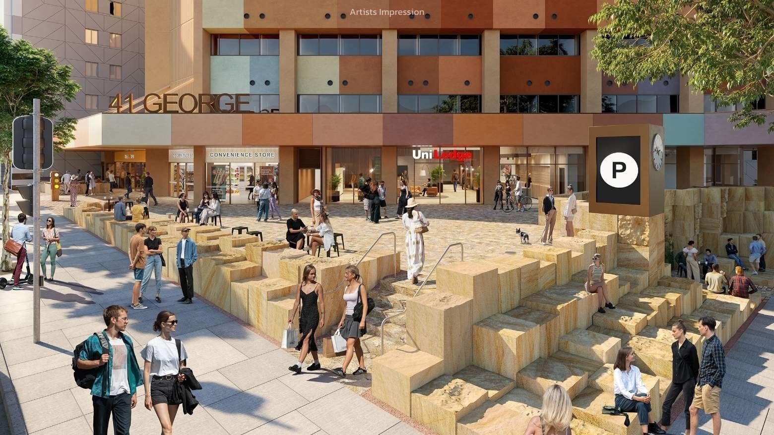 Exterior rendering of UniLodge Brisbane City showing pedestrians and building with retail stores.