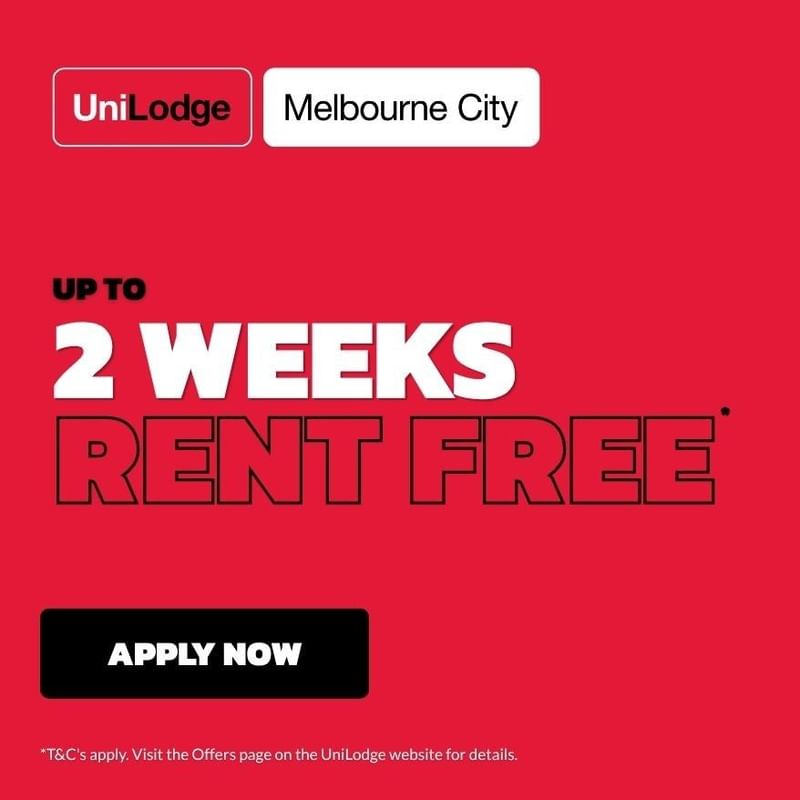 Promotional banner offering up to 2 weeks rent free at UniLodge Melbourne City with apply now button on red background