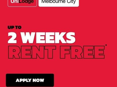 Promotional banner offering up to 2 weeks rent free at UniLodge Melbourne City with apply now button on red background