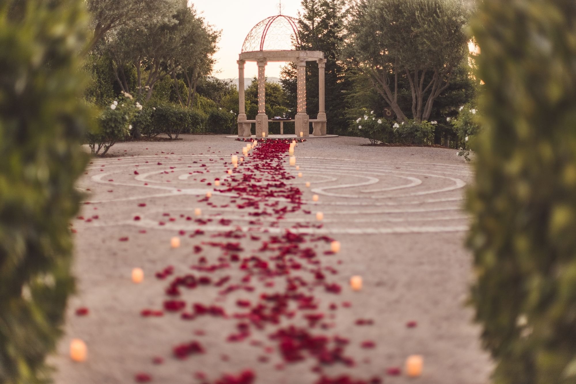 Red rose petals and candles leading to white column gazebo