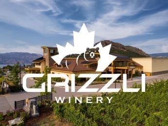 Grizzli Winery logo with mountain and vineyard view.