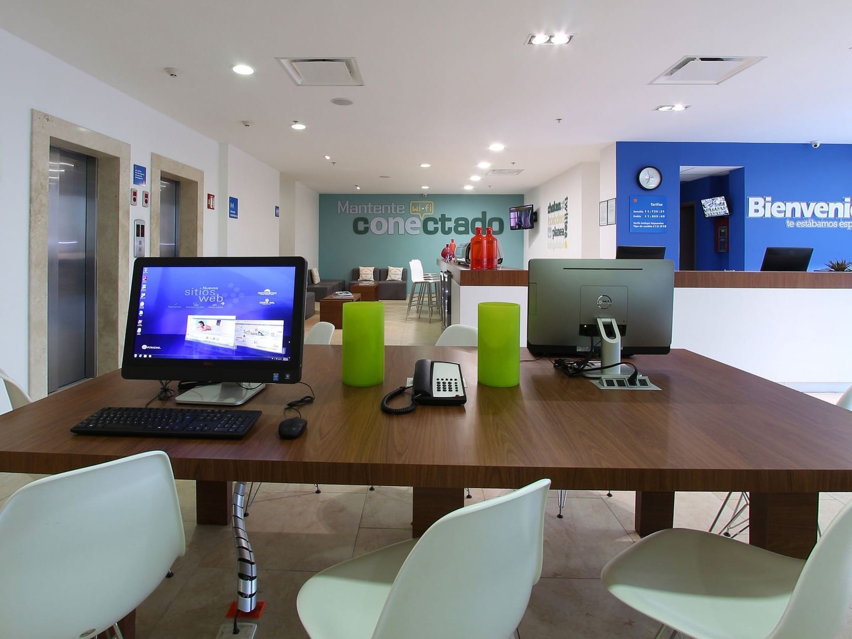 Close-up of workstations in the Business Center at One Hotels