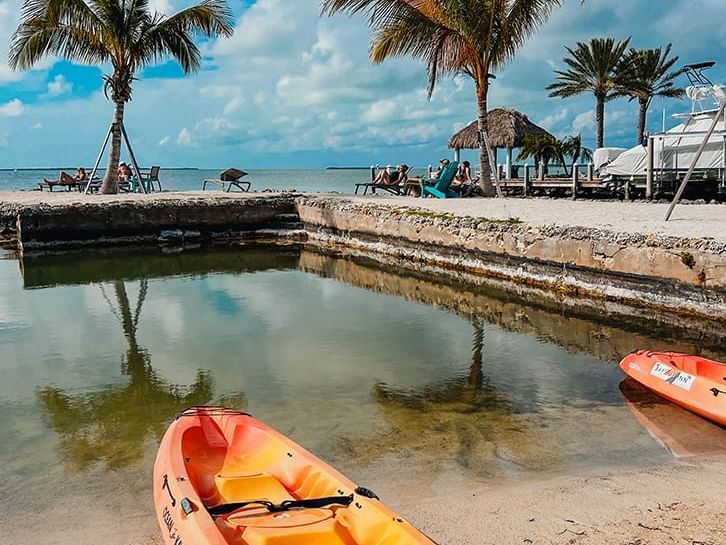 Kayak laying on the shoreline of Bayside Inn Key Largo's beach.