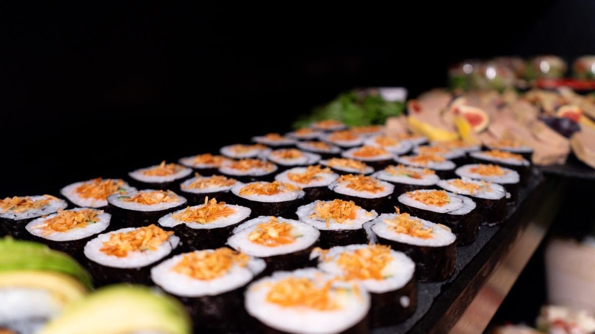 A platter of sushi rolls with crispy topping at Warwick Paris Champs Elysées