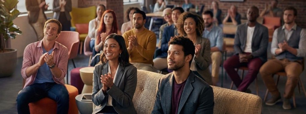 A group of colleagues applauds together in a bright, plant filled lounge space with exposed brick walls and mixed seating. In the foreground, three people sit together on a couch, smiling and clapping. Overlaid text reads 