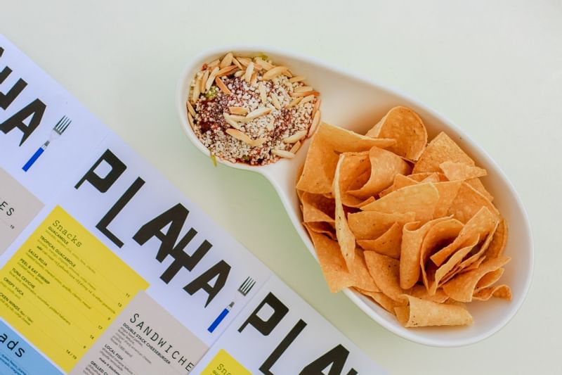 Close-up of chips and sala served at The Diplomat Resort