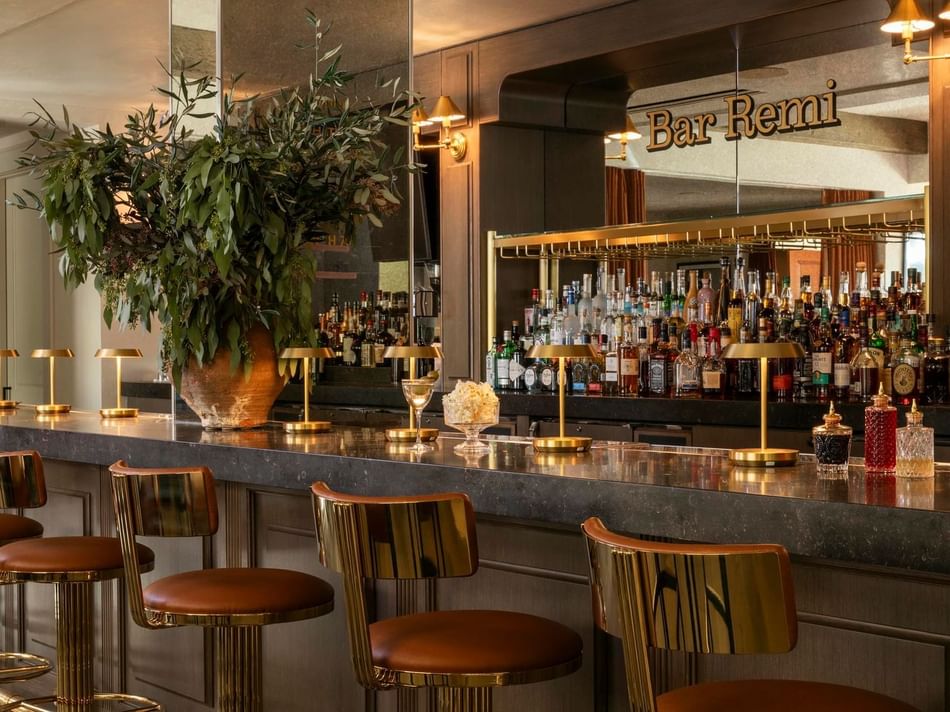 Bar Remi at Granduca Houston, Uptown Park Houston restaurants featuring a bar counter, leather seating, and warm lighting
